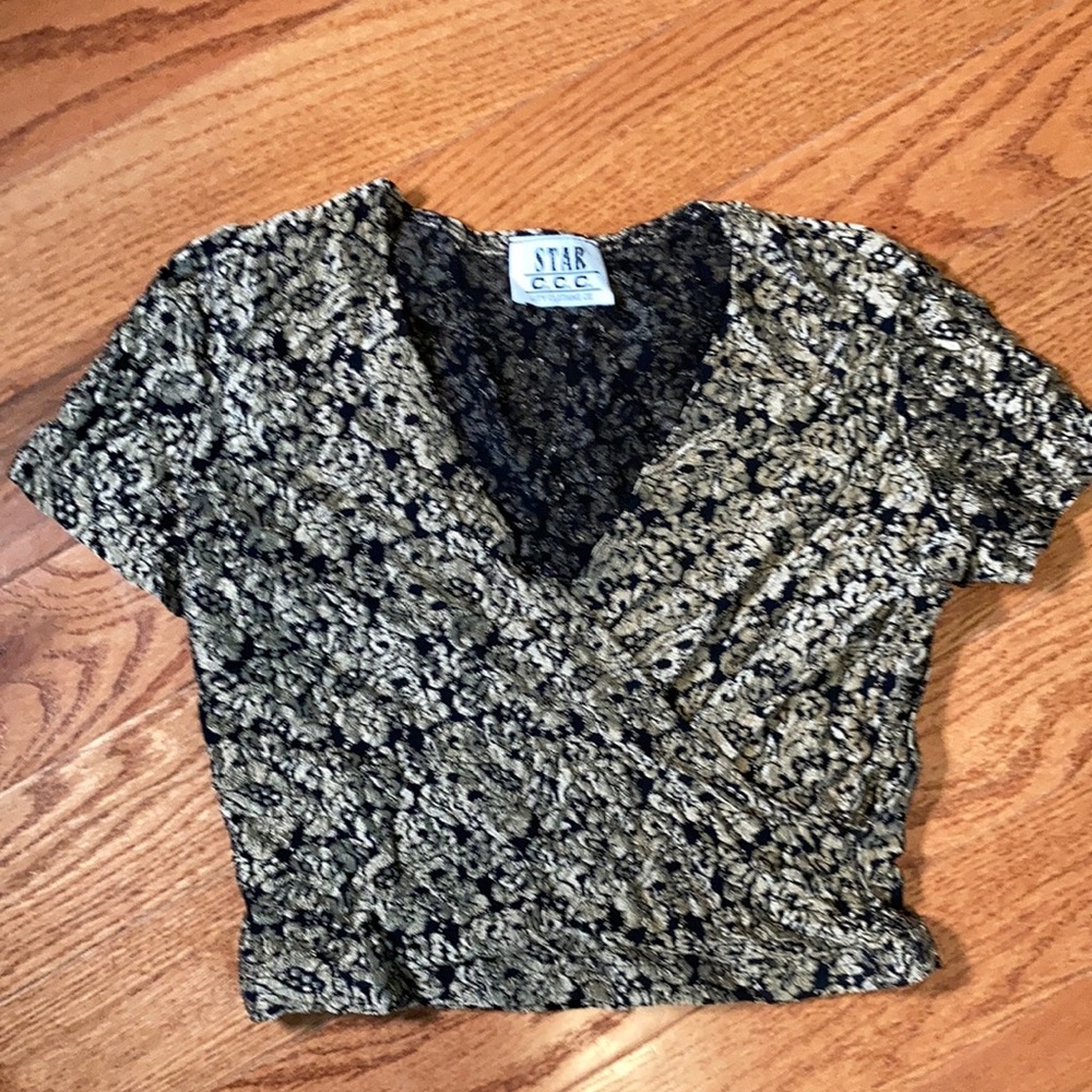 90s vintage crop top black with gold floral print